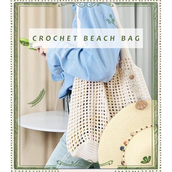 L-beige Crochet Tote Bag Summer Beach Elegant Knit Shoulder Bag with Macrame Hat - Picture 6 of 6